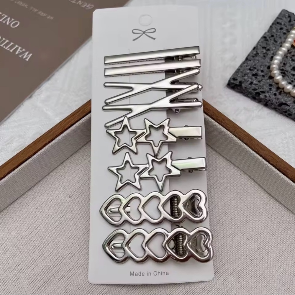 Silver Hair Clip Set with Stars and Hearts